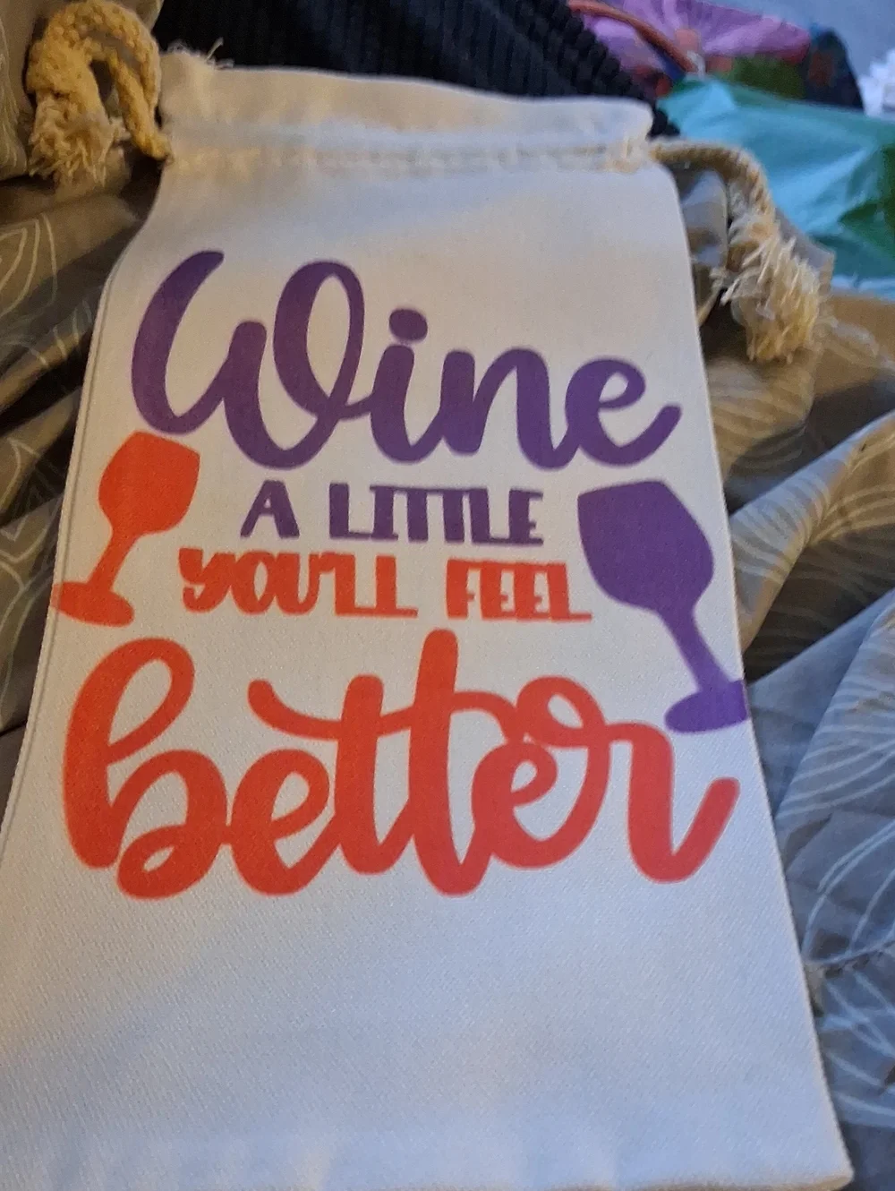 Canvas Wine Gift Bag - 'Wine A Little' Print in Purple & Orange